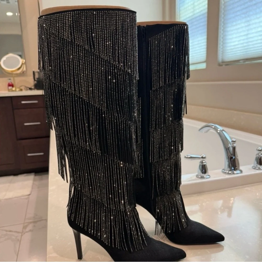 Elegant Black Fringe Knee-High Boots - Picture 2 of 3